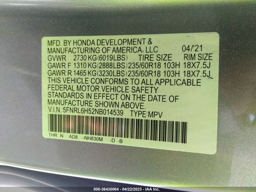 2022 HONDA ODYSSEY EX - 5FNRL6H52NB014539