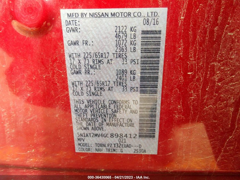 2016 NISSAN ROGUE S - 5N1AT2MV4GC898412