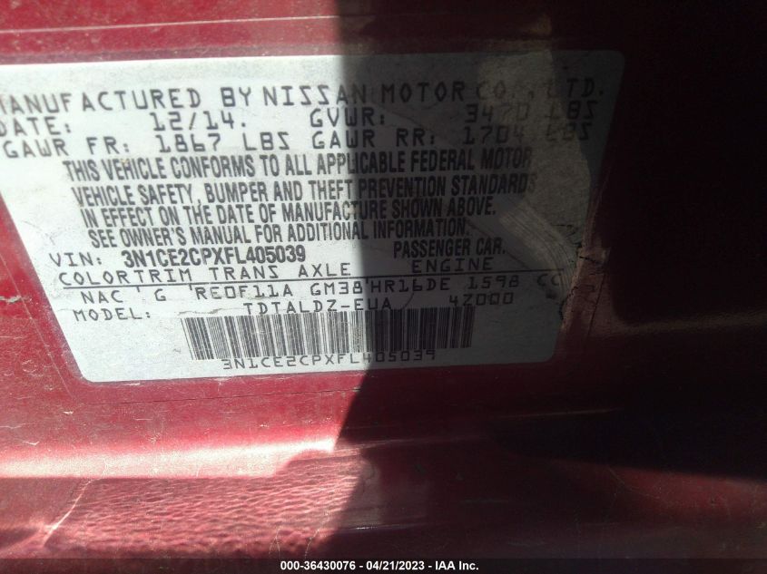 2015 NISSAN VERSA NOTE SV - 3N1CE2CPXFL405039