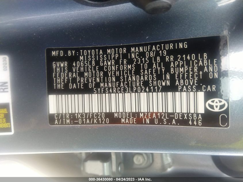 2020 TOYOTA COROLLA SE/NIGHTSHADE - 5YFS4RCE3LP024117