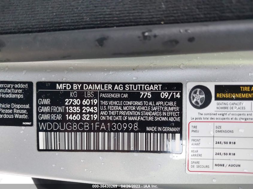 2015 MERCEDES-BENZ S-CLASS S 550 - WDDUG8CB1FA130998