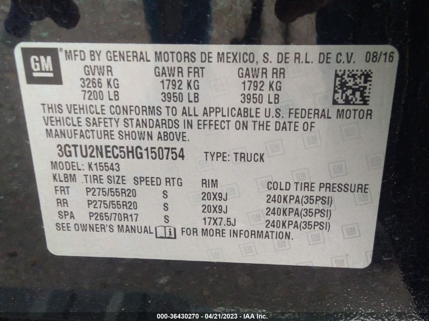 2017 GMC SIERRA 1500 SLT - 3GTU2NEC5HG150754