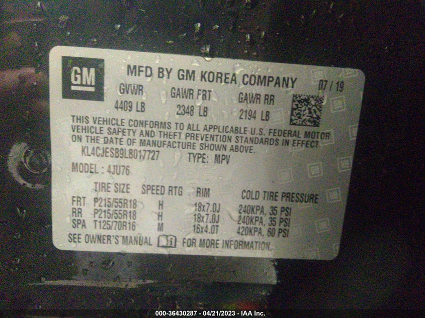 VIN KL4CJESB9LB017727 2020 BUICK ENCORE PREFERRED