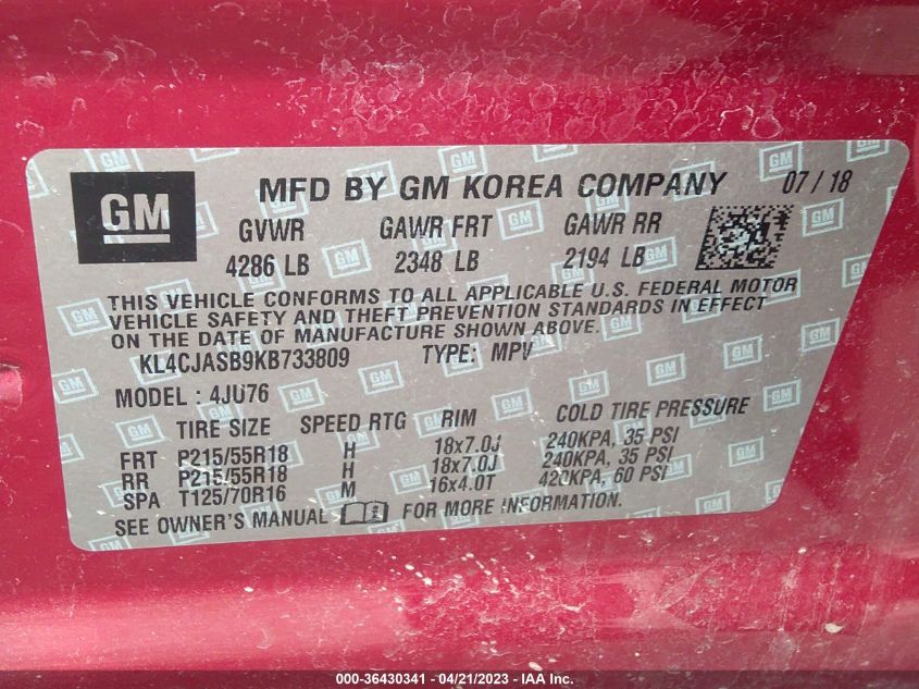 2019 BUICK ENCORE PREFERRED - KL4CJASB9KB733809
