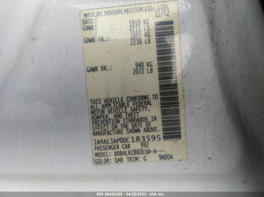 2013 NISSAN ALTIMA 2.5 S - 1N4AL3AP0DC183595