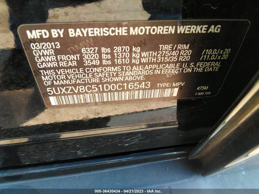 2013 BMW X5 XDRIVE50I - 5UXZV8C51D0C16543