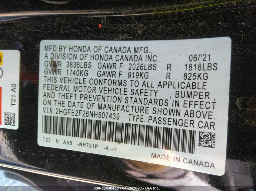 2022 HONDA CIVIC SEDAN LX - 2HGFE2F26NH507439