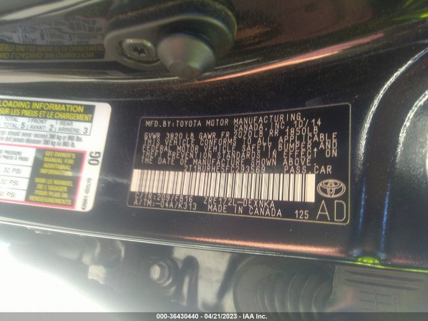 2015 TOYOTA COROLLA L/LE/S/S PLUS/LE PLUS - 2T1BURHE5FC293569