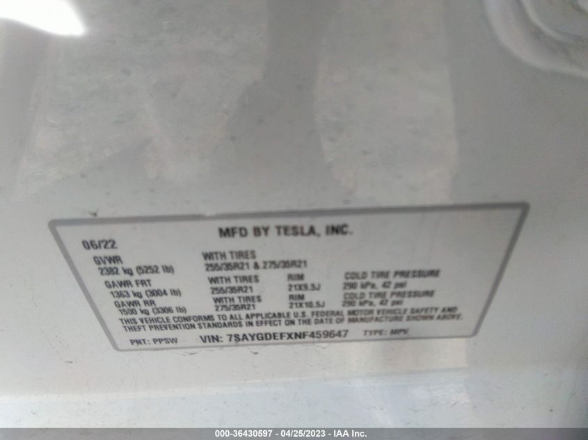 2022 TESLA MODEL Y PERFORMANCE - 7SAYGDEFXNF459647