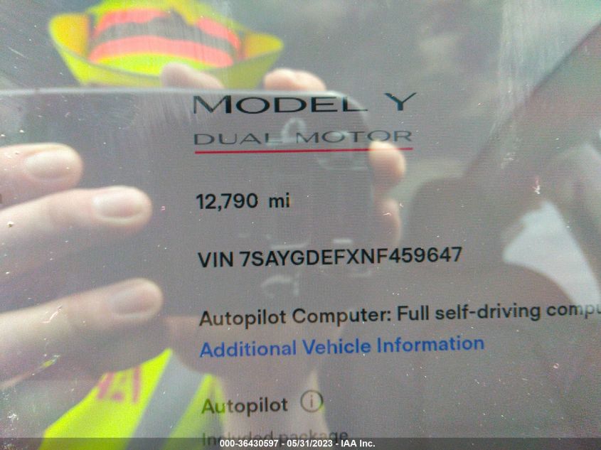 2022 TESLA MODEL Y PERFORMANCE - 7SAYGDEFXNF459647