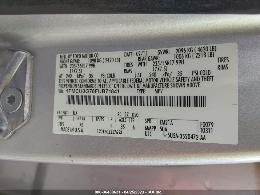 2015 FORD ESCAPE SE - 1FMCU0G78FUB71841