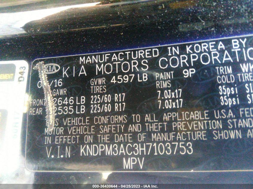 2017 KIA SPORTAGE LX - KNDPM3AC3H7103753