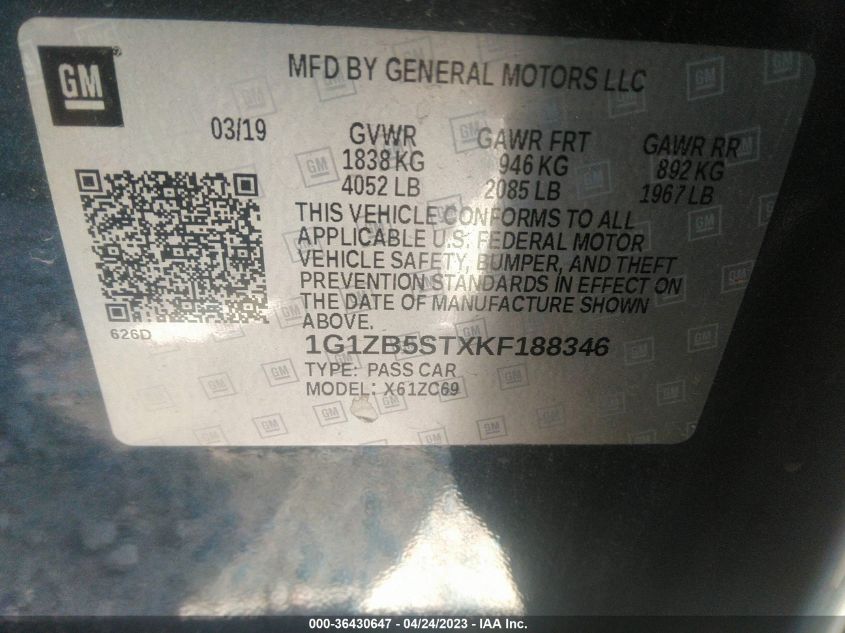 2019 CHEVROLET MALIBU LS - 1G1ZB5STXKF188346
