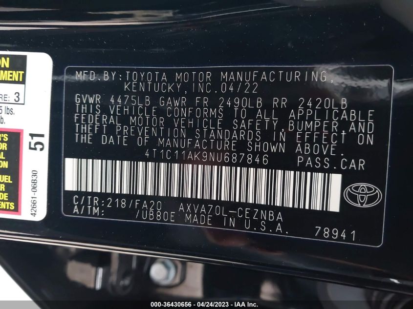 2022 TOYOTA CAMRY LE - 4T1C11AK9NU687846