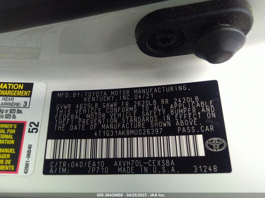 VIN 4T1G31AK8MU026397 2021 TOYOTA CAMRY HYBRID SE