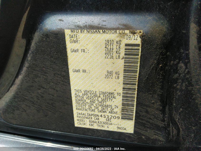 2013 NISSAN ALTIMA 2.5 S - 1N4AL3AP0DN451209