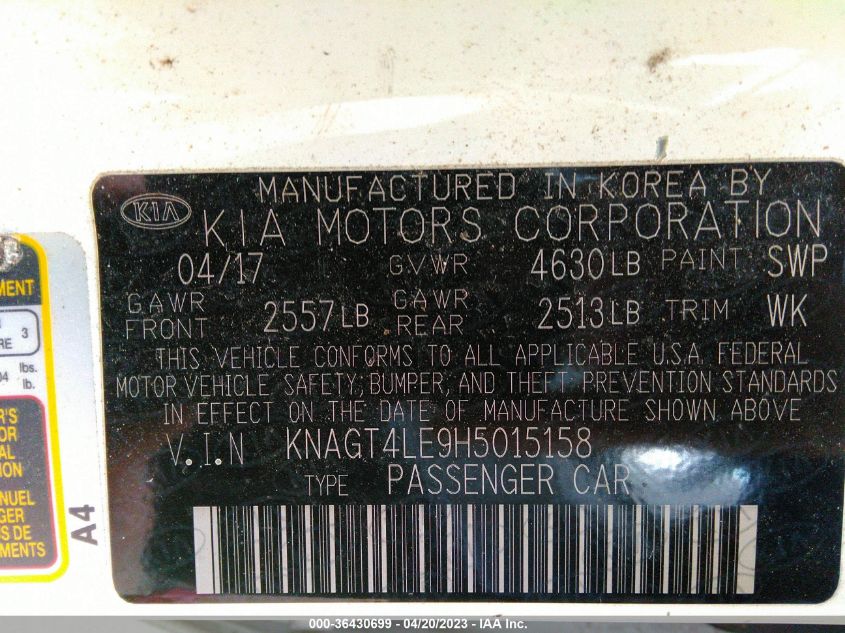 2017 KIA OPTIMA HYBRID BASE - KNAGT4LE9H5915158