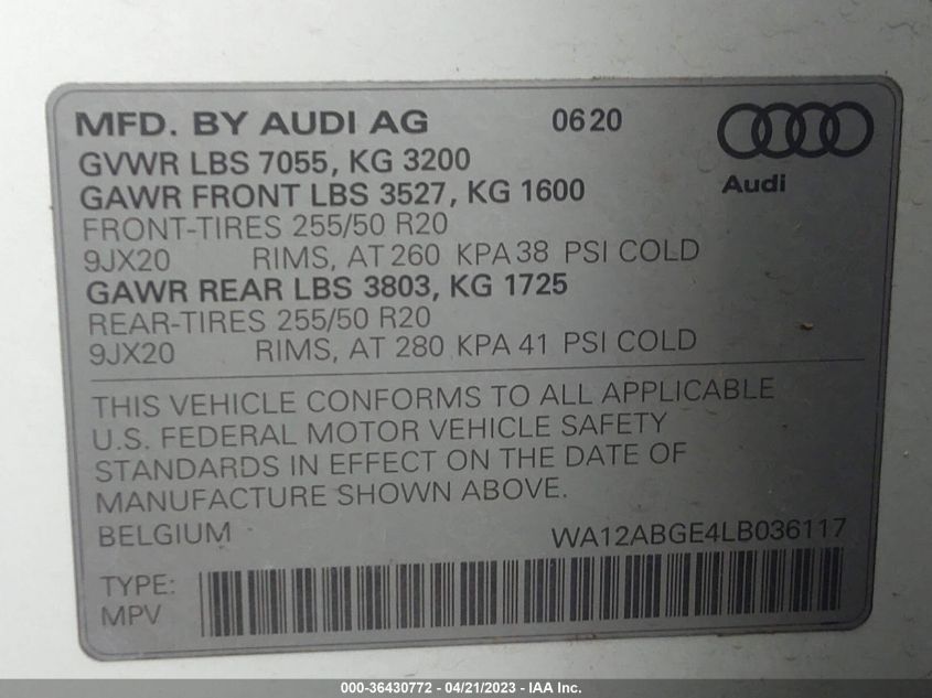 2020 AUDI E-TRON SPORTBACK PREMIUM PLUS WA12ABGE4LB036117