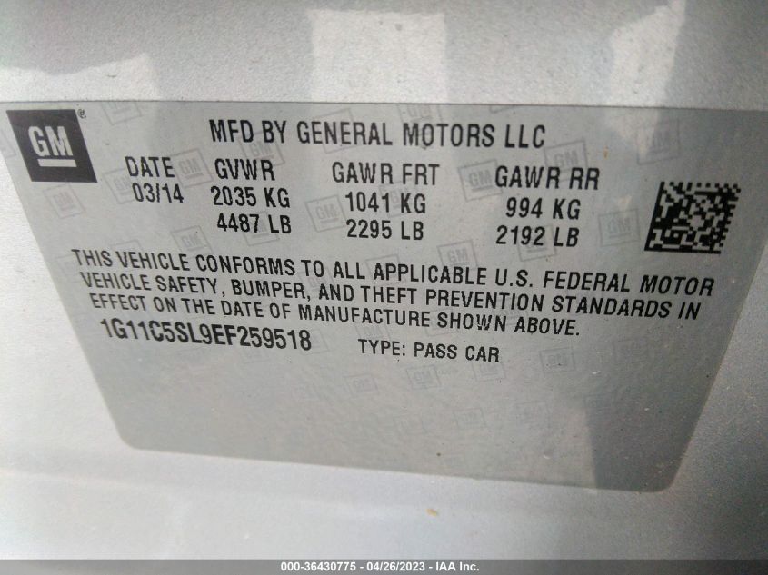 2014 CHEVROLET MALIBU LT - 1G11C5SL9EF259518