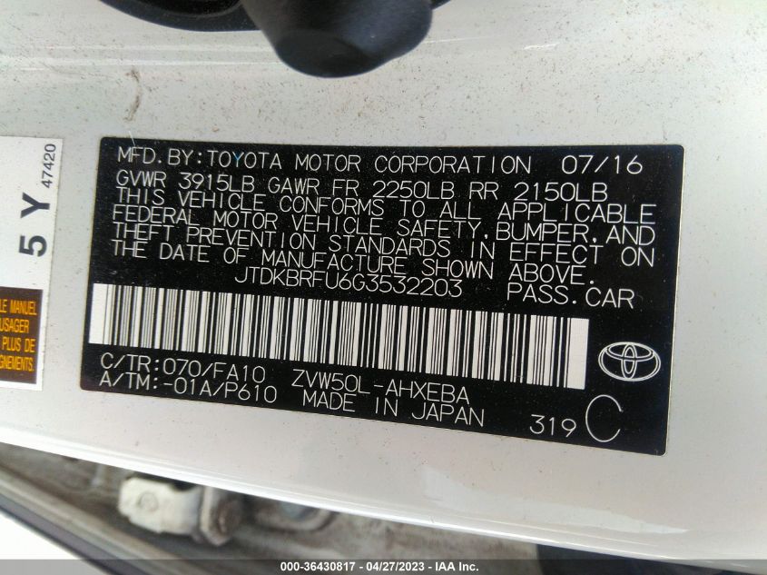 2016 TOYOTA PRIUS TWO - JTDKBRFU6G3532203