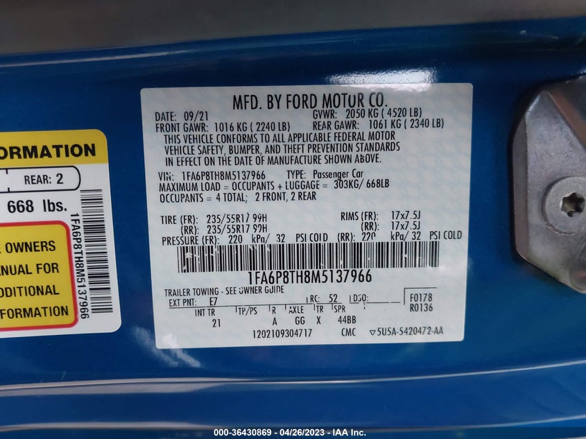 VIN 1FA6P8TH8M5137966 2021 FORD MUSTANG ECOBOOST