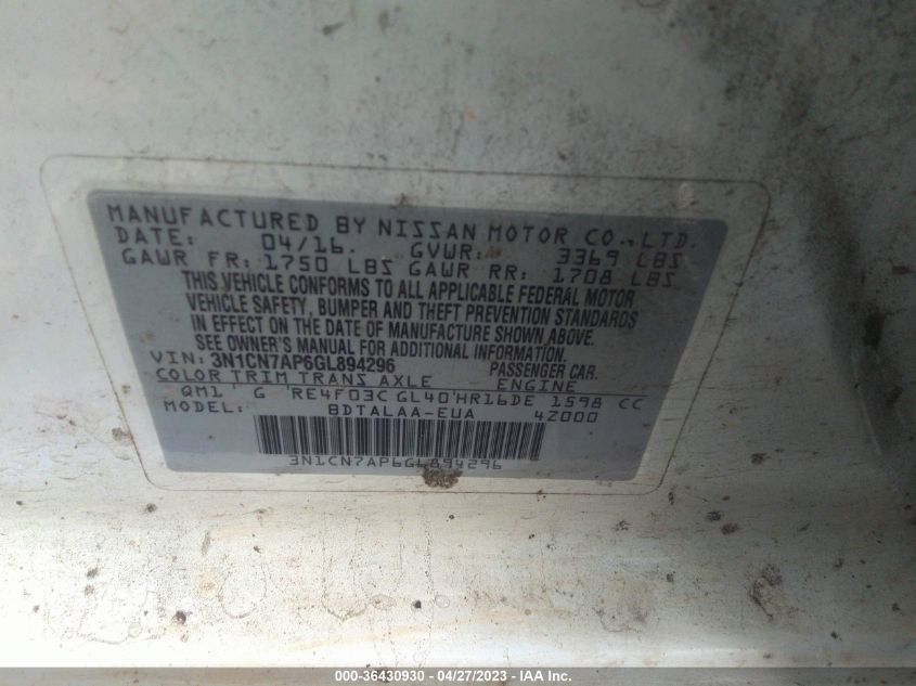 2016 NISSAN VERSA S - 3N1CN7AP6GL894296