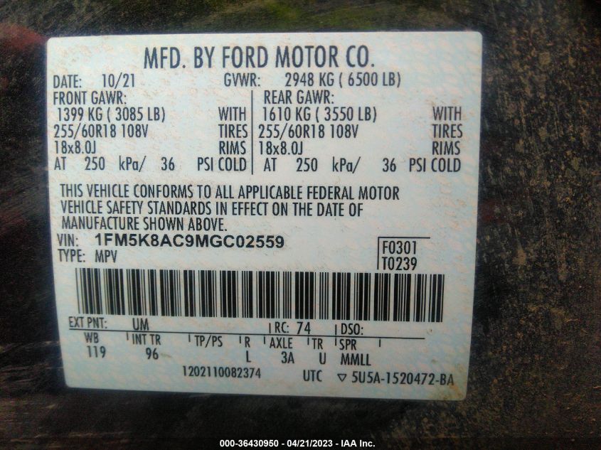 2021 FORD POLICE INTERCEPTOR 1FM5K8AC9MGC02559