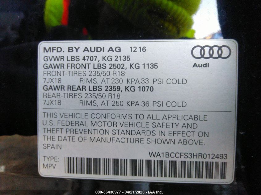 2017 AUDI Q3 PREMIUM - WA1BCCFS3HR012493