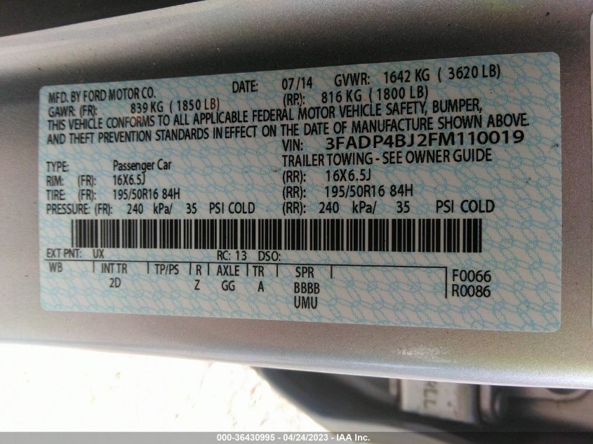 2015 FORD FIESTA SE - 3FADP4BJ2FM110019