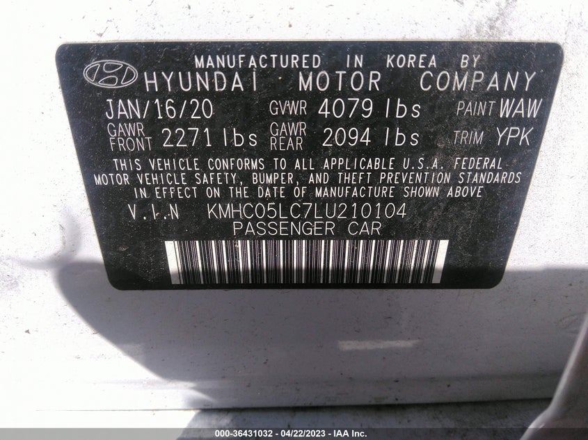VIN KMHC05LC7LU210104 2020 HYUNDAI IONIQ HYBRID LIMITED
