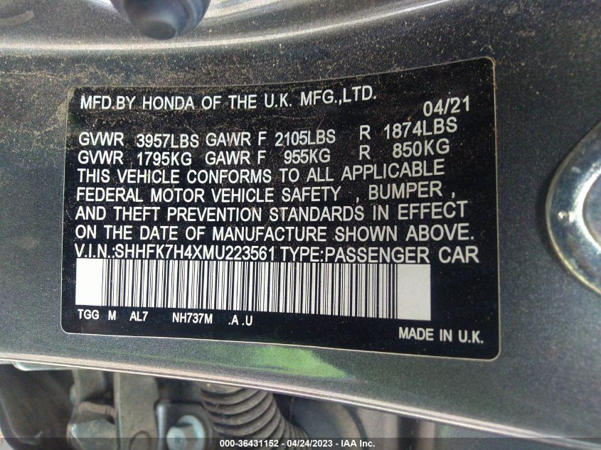 2021 HONDA CIVIC HATCHBACK SPORT - SHHFK7H4XMU223561