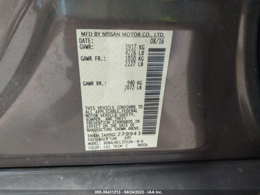 2016 NISSAN ALTIMA 2.5 SV - 1N4AL3AP0GC279943