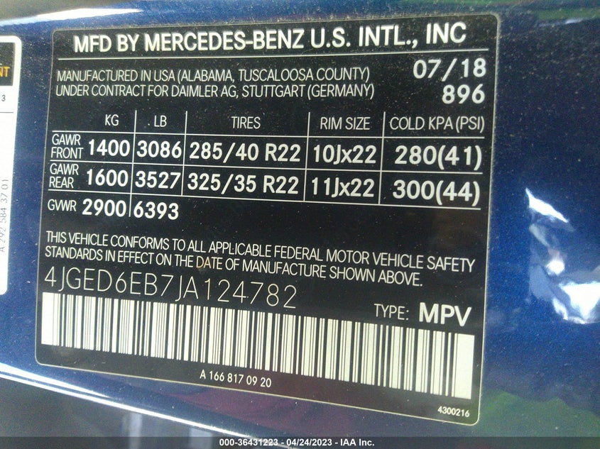 VIN 4JGED6EB7JA124782 2018 MERCEDES-BENZ GLE AMG GLE 43