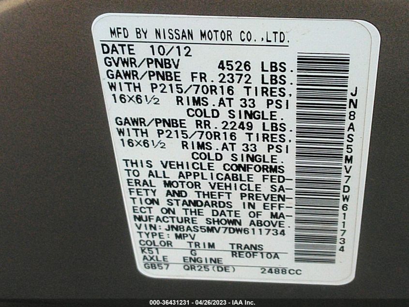 2013 NISSAN ROGUE S - JN8AS5MV7DW611734