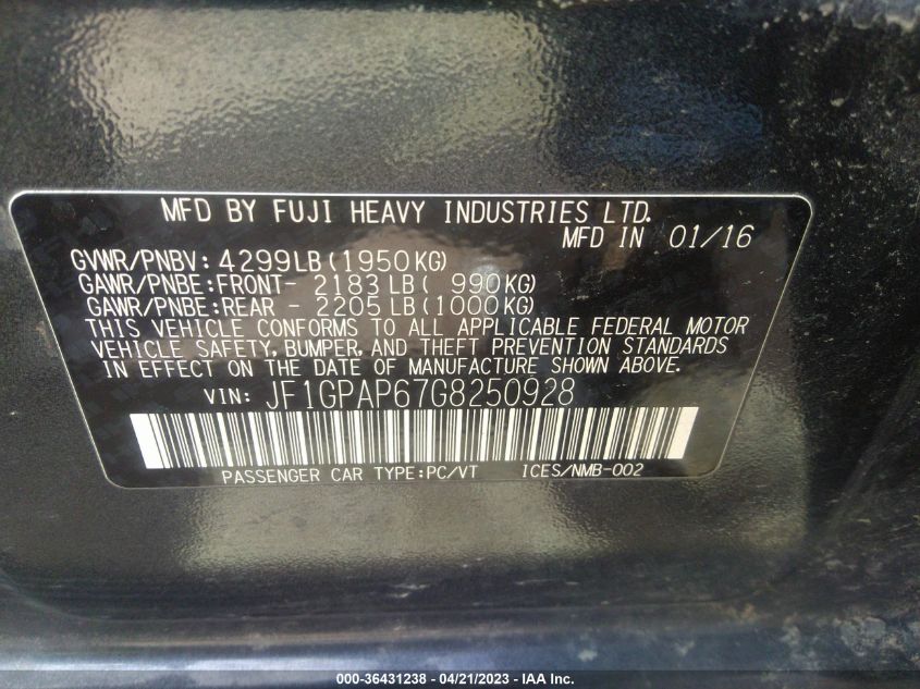 2016 SUBARU IMPREZA WAGON 2.0I SPORT PREMIUM - JF1GPAP67G8250928