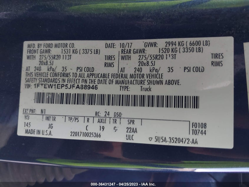VIN 1FTEW1EP5JFA88946 2018 FORD F-150 XL/XLT/LARIAT