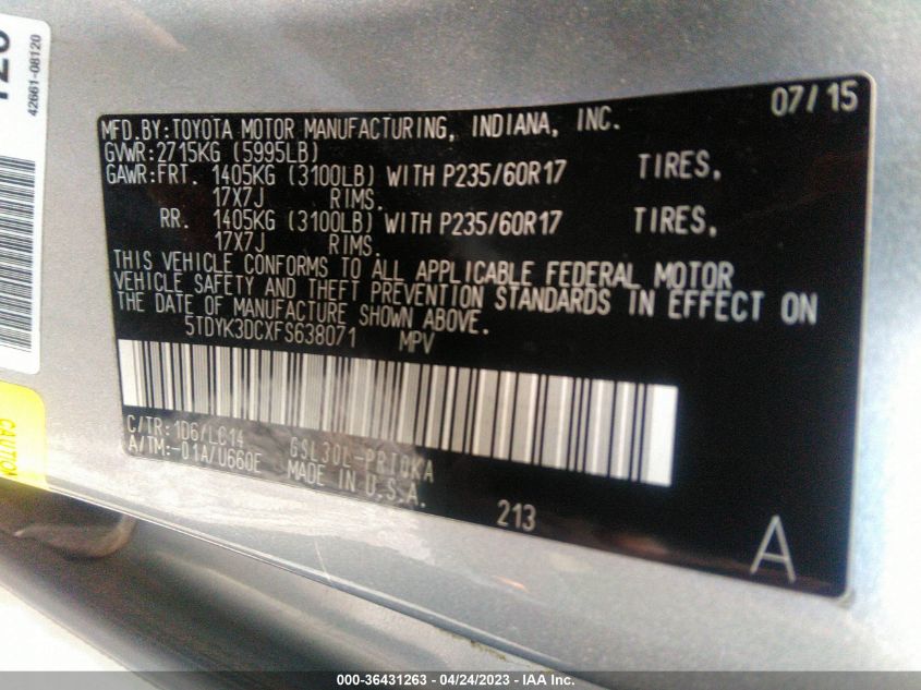 2015 TOYOTA SIENNA XLE/XLE AAS/LTD - 5TDYK3DCXFS638071