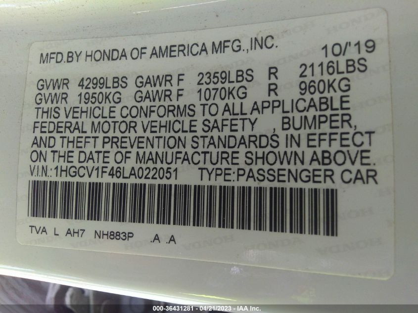 2020 HONDA ACCORD SEDAN EX - 1HGCV1F46LA022051