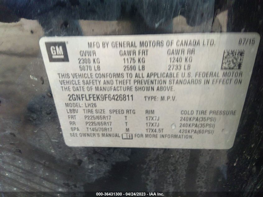 2015 CHEVROLET EQUINOX LT - 2GNFLFEK9F6426811