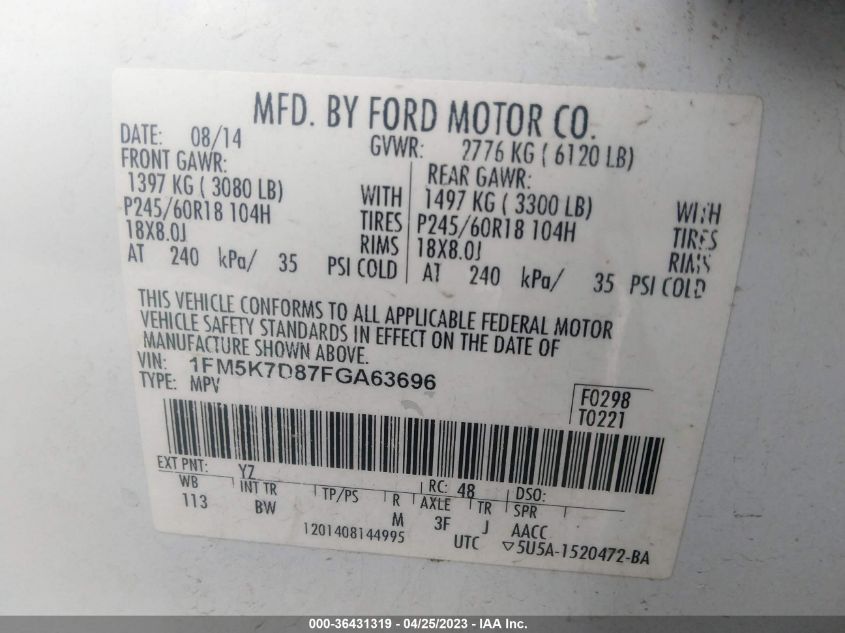 2015 FORD EXPLORER XLT - 1FM5K7D87FGA63696