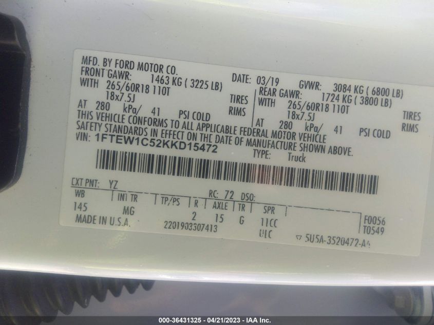 2019 FORD F-150 XL/XLT/LARIAT - 1FTEW1C52KKD15472