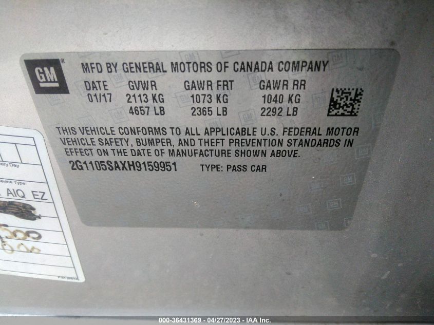2017 CHEVROLET IMPALA LT - 2G1105SAXH9159951
