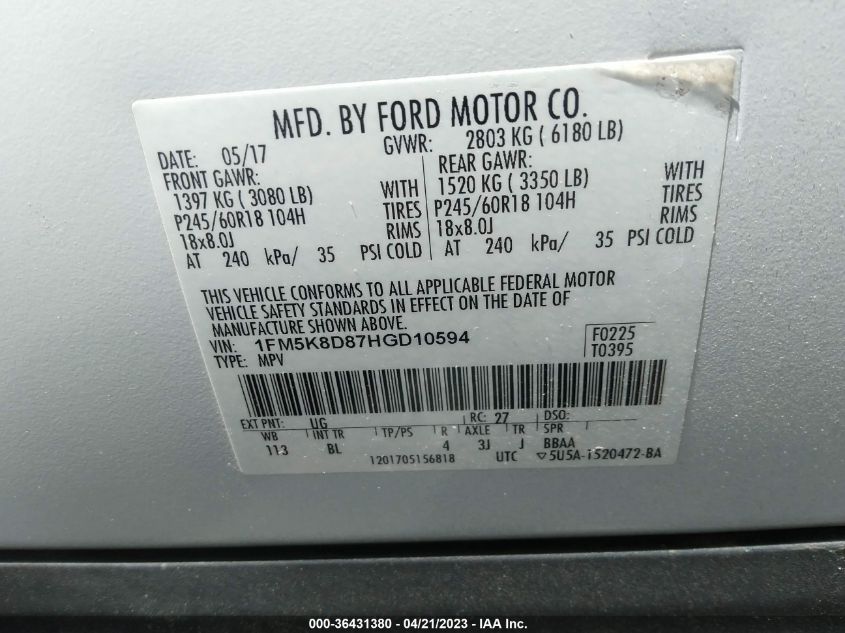 2017 FORD EXPLORER XLT - 1FM5K8D87HGD10594