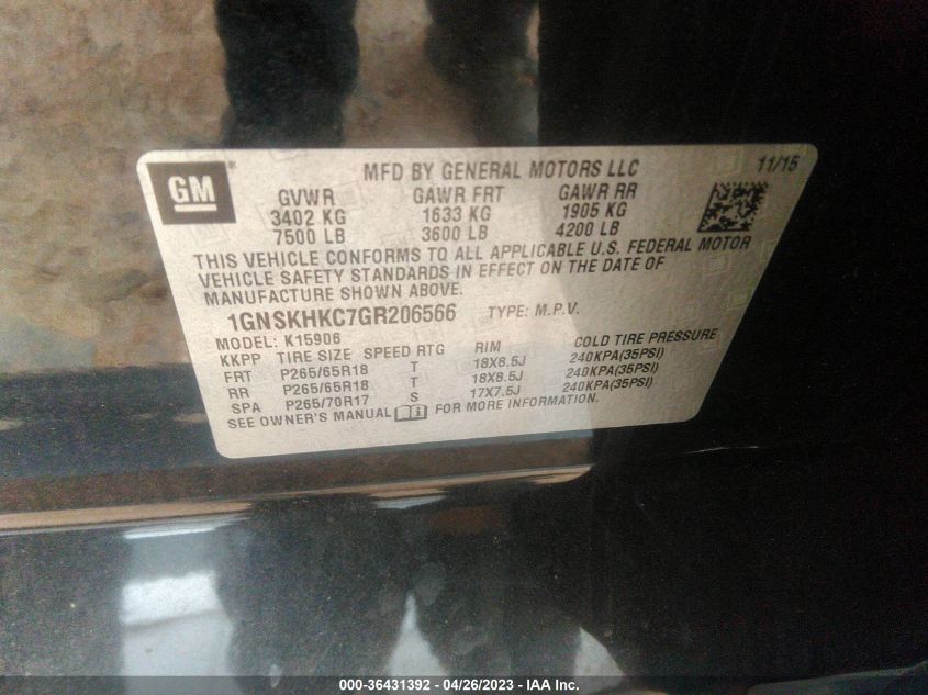 2016 CHEVROLET SUBURBAN LT - 1GNSKHKC7GR206566