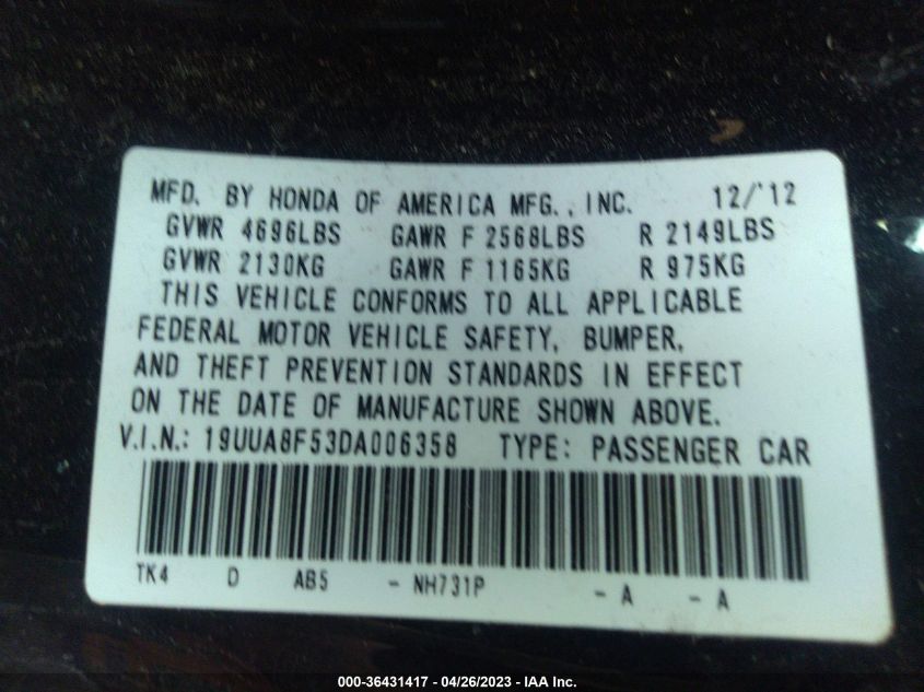 2013 ACURA TL TECH - 19UUA8F53DA006358