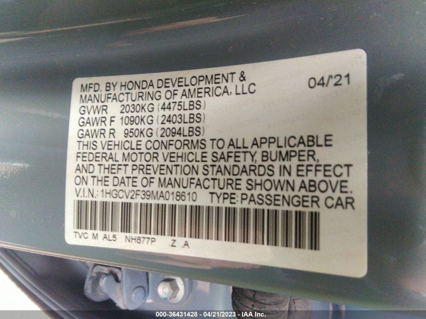 2021 HONDA ACCORD SEDAN SPORT - 1HGCV2F39MA018610