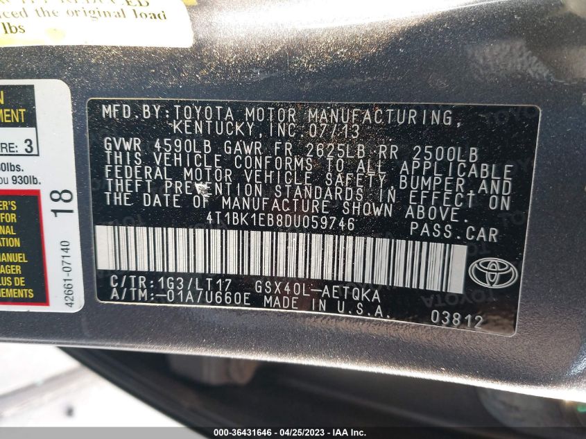 2013 TOYOTA AVALON XLE/LIMITED - 4T1BK1EB8DU059746