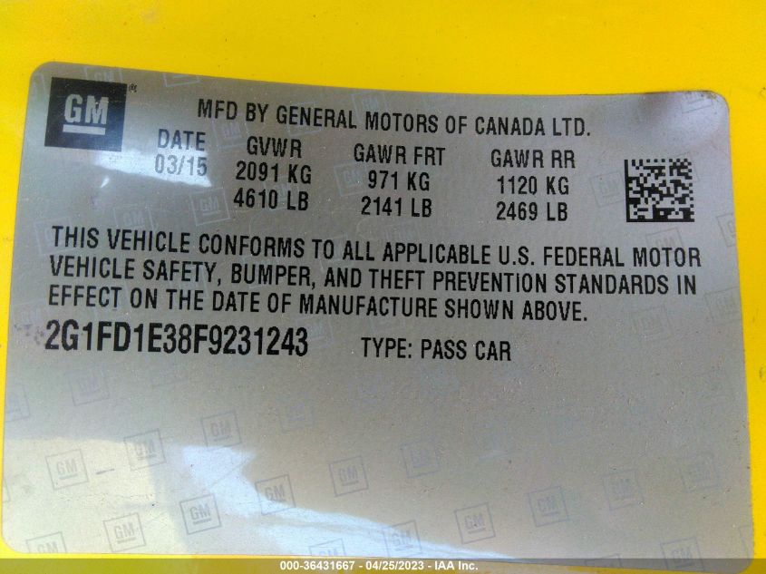 2015 CHEVROLET CAMARO LT - 2G1FD1E38F9231243