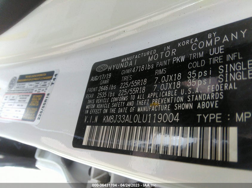 VIN KM8J33AL0LU119004 2020 HYUNDAI TUCSON SEL