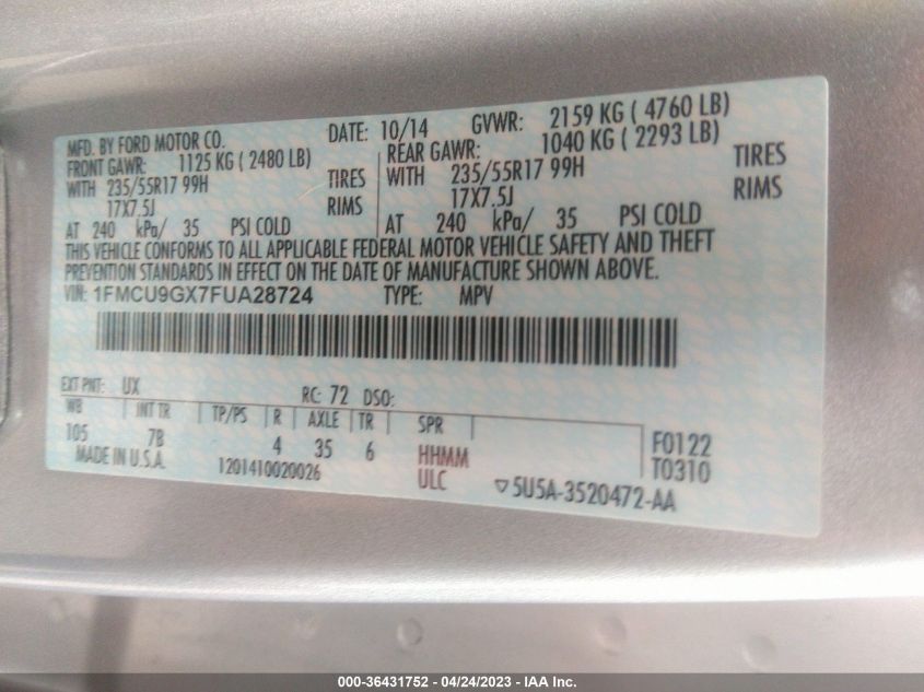 2015 FORD ESCAPE SE - 1FMCU9GX7FUA28724